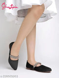 Black suede embellished ballerinas for women, intricately patterned and slip-on design