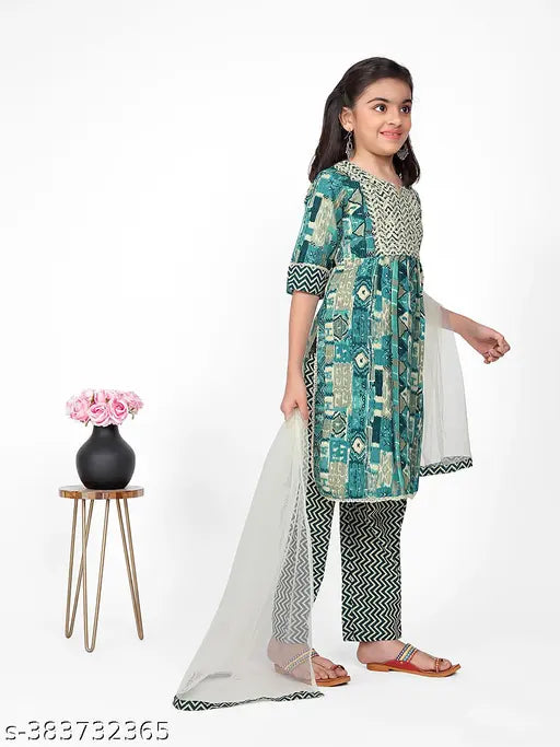 Embroidered printed cotton kurta bottom set with net dupatta for girls, 3/4 sleeves, single quantity, various sizes available from 8-12 years