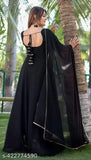 Georgette black anarkali gown with dupatta set, suitable for women's party wear or wedding functions. Indian-made floral printed maxi dress with three-quarter sleeves