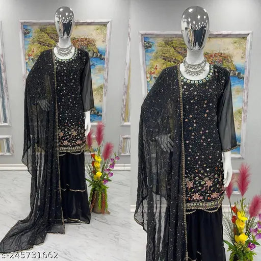 Heavy double sequence work wear top with dupatta set, Georgette fabric, embroidered with 5mm sequins