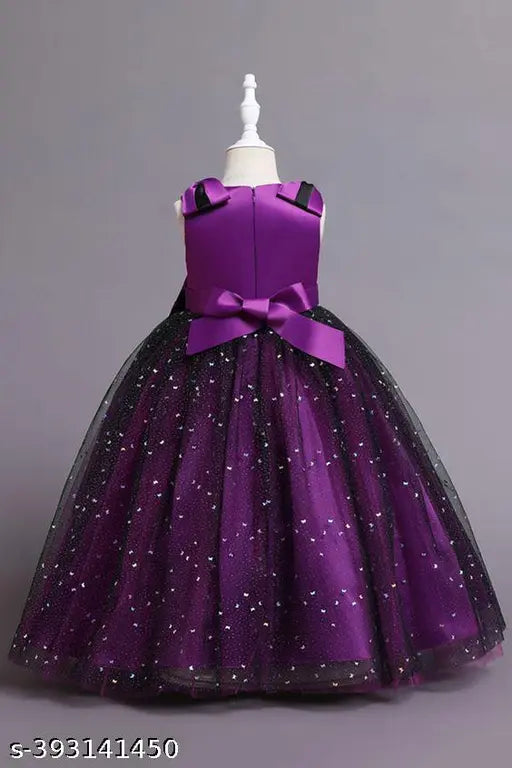 Purple net knee-length dress with bow applique, perfect for girls' parties, India origin