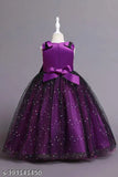 Purple net knee-length dress with bow applique, perfect for girls' parties, India origin