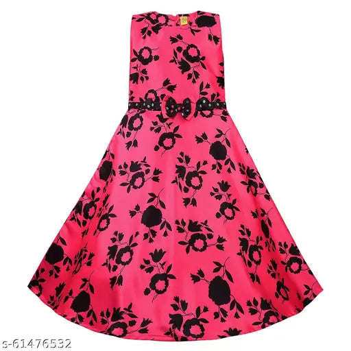 Pink satin printed net long gown dress with jacket for kids (3-4 yrs to 6-7 yrs), spruce up your little one's wardrobe