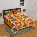 Jaipuri Rajasthani Printed 100% Cotton Double Bed Sheet with Pillow Covers - Indian ethnic motifs, coordinating bedding essential for AC rooms