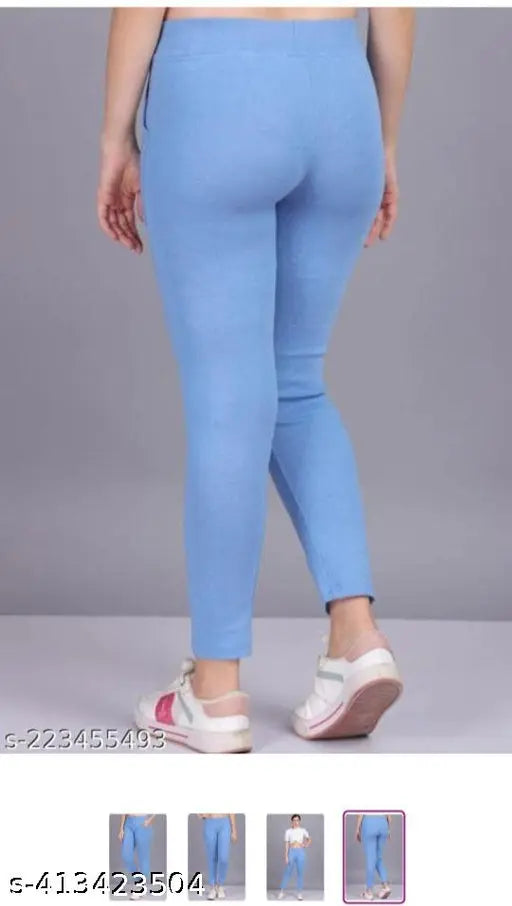 Dice blue Lycra ladies' plain pocket jeggings, solid denim on model