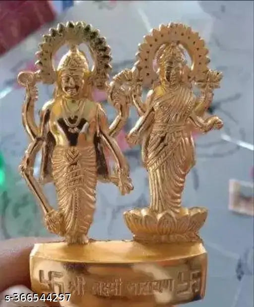 Golden brass idol of Lord Laxmi and Vishnu Ji, traditional Indian god artifact, 10cm x 7cm x 5cm