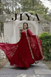 Maroon Georgette gown, solid pattern, long sleeves, women's evening wear from India