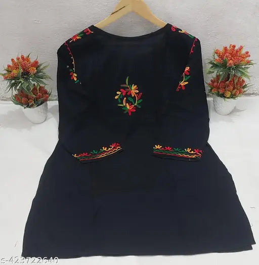 Rayon embroidered Chikankari top & styles kurta for women - Indian fashion in three-quarter sleeves, sizes M to XXL