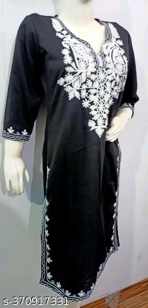 Woolen Chikankari kurti, warm and elegant three-quarter sleeve winter wear, India origin