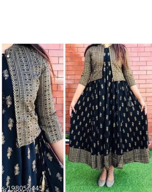 Rayon printed Anarkali Kurta and Jacket, three-quarter sleeves, vibrant Indian design for women's daily wear or special occasions
