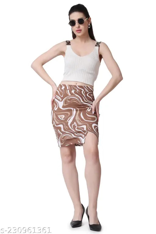 Brown printed net polyester A-line pencil skirt for women, versatile and chic, size 26/28/30/32/34, made in India