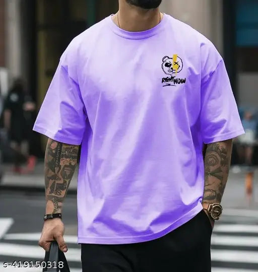 Oversize purple cotton blend t-shirt, trendy for men & women, three-quarter sleeves, print pattern, India-made