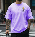 Oversize purple cotton blend t-shirt, trendy for men & women, three-quarter sleeves, print pattern, India-made