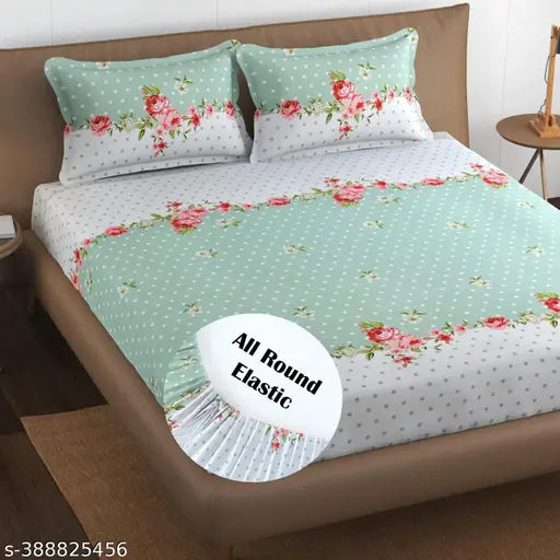 Glace cotton, superfine fitted bedsheet by Decent Home. Floral pattern, elastic, ideal for adult summer use. Includes 2 pillow covers, net quantity 1, made in India