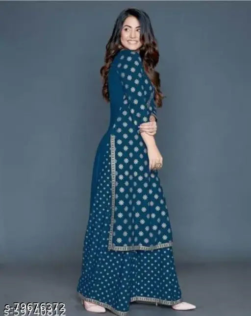 Cotton Kurta Plazo Set with printed net palazzos, ideal for daily wear in three-quarter sleeves