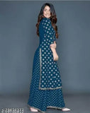 Cotton Kurta Plazo Set with printed net palazzos, ideal for daily wear in three-quarter sleeves