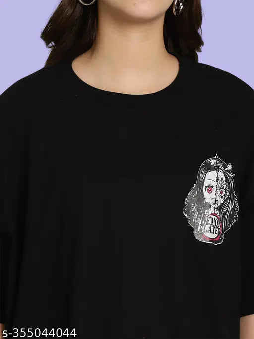 Oversize printed black cotton t-shirt for women, ultra-soft and breathable, loose fit for maximum comfort, size S-XXL