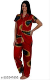 Satin printed pyjama set, soft and stylish nightwear for women in three sizes: M, L, XL & Free Size. Indian-origin satin loungewear for sleep and relaxation, great as a gift