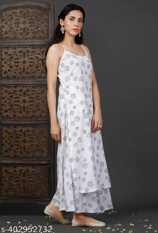 White rayon sleeveless kurta, chiffon palazzo, and strip shoulder dupatta set - Indian women's fashion for extended sizes XS-XXXL