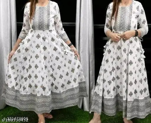 White rayon anarkali gold print kurti, three-quarter sleeves, printed combo for women, India-made