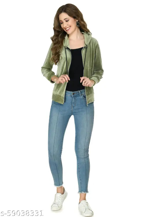 Olive velvet, solid full-sleeve women's casual jacket on hanger (India)