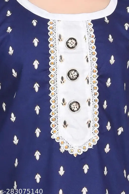 Navy blue rayon kurti patiala set with dupatta for girls aged 3-10 years, printed pattern and three-quarter sleeves