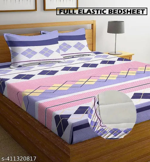 Super Soft cotton checked double fitted king size bedsheet, 72 x 78 x 10 inches with 2 pillow covers, ideal for heavy winter use by adults