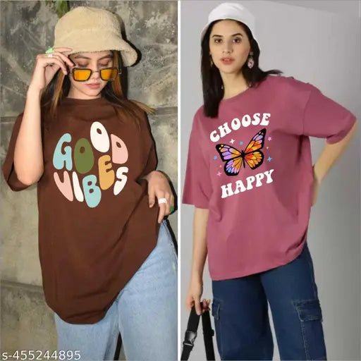 Cotton blend oversized round neck t-shirt pack for women and girls, trendy casual printed unique design with short sleeves, available in XS to XL sizes