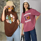 Cotton blend oversized round neck t-shirt pack for women and girls, trendy casual printed unique design with short sleeves, available in XS to XL sizes