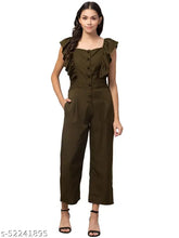 Crepe, short-sleeved, frill jumpsuit for women's casual partywear, button front design, solid color