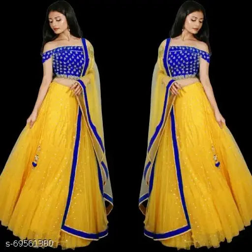 Yellow satin lehenga choli set with net dupatta, embellished with embroidery. Free size, semi-stitched or unstitched Indian traditional wear