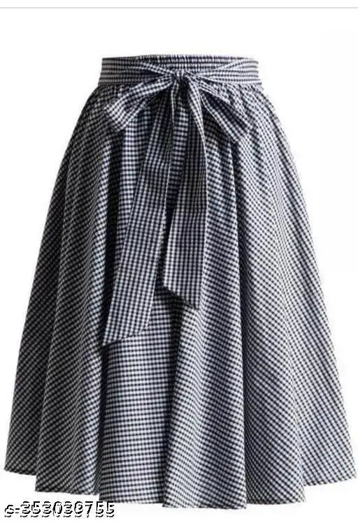 Grey cotton gingham women's skirt with checked pattern, size 24 (waist 24in, length 28in), made in India