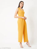 Yellow polyester solid vneck jumpsuit by Miss Chase, mustard yellow color, sleeveless design
