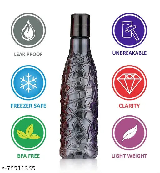 Multicolor Zigzag-shaped plastic water bottles, 1000ml each in a pack of 6 for fridge storage, vibrant design on display