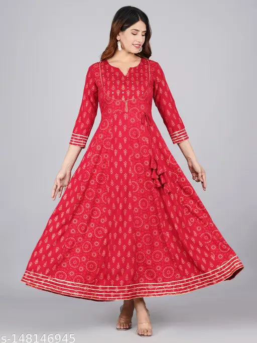 Gold printed rayon Anarkali kurta with three-quarter sleeves, intricate Indian design for festive wear in sizes M, L, XL, XXL