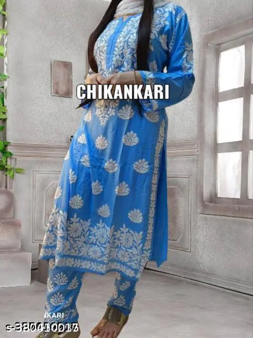 Rayon chikankari embroidered kurta with plazzo, three-quarter sleeves, single set includes dupatta and pants, available in M, L, XL, XXL (Indian sizes)