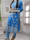 Rayon chikankari embroidered kurta with plazzo, three-quarter sleeves, single set includes dupatta and pants, available in M, L, XL, XXL (Indian sizes)