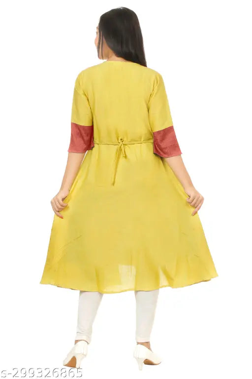 Yellow and maroon cotton blend Golui Kurta 4013, soft and comfortable Indian apparel for women with short sleeves