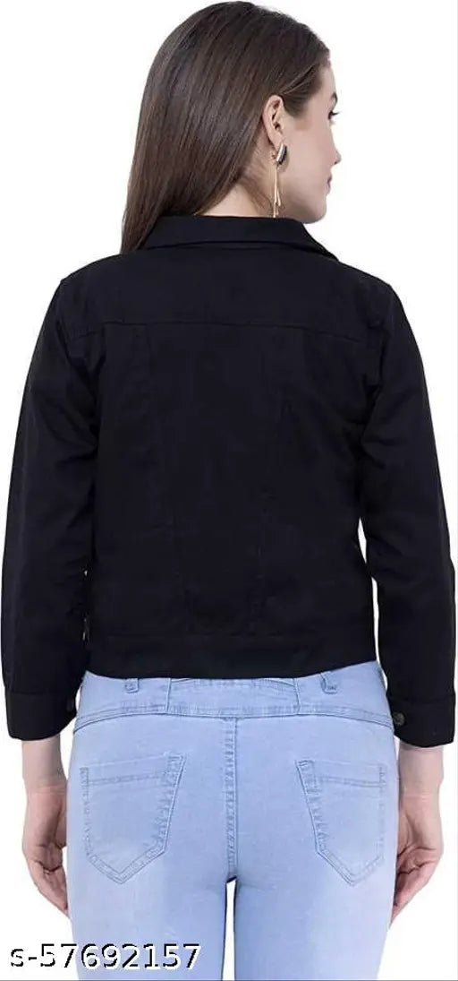Black Solid Denim Full-Sleeve Women's Jacket by Saman Fashion Wear, with 2 pockets and a comfortable fit for casual days
