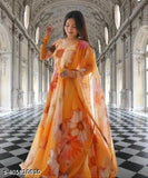 Georgette round neck long sleeve mill printed gown with dupatta, suitable for formal events and weddings. Indian-origin women's and girls' party wear