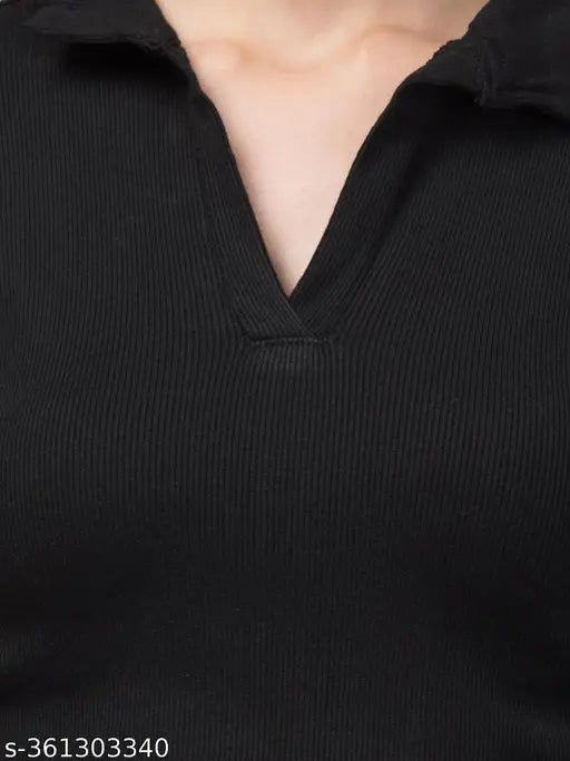 Rainy light winter cotton blend long sleeve solid ribbed collar neck t-shirt by Do Fashion