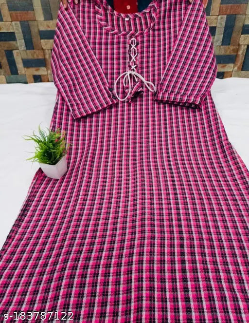 Stylish pink multi-colored woolen kurti only, three-quarter sleeves, checked pattern for women & girls - Indian handcrafted fashion
