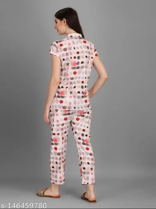 Printed poly silk pyjama suits for women, Kinjo brand, short sleeves, Indian-made