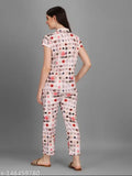 Printed poly silk pyjama suits for women, Kinjo brand, short sleeves, Indian-made