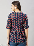 WineRed Women's Blue Floral Print Yoke Lace Top: Cotton, three-quarter sleeves, versatile fashion for every occasion. India origin