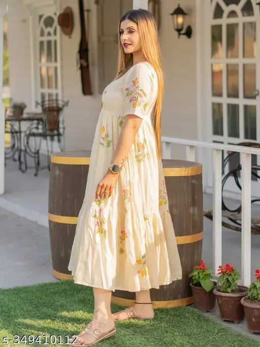 Rayon Anarkali printed dress with short sleeves, vibrant Indian design in sizes S-XXXL