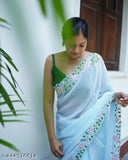 Aqua blue Georgette saree with dupion silk blouse, free size, solid pattern, embroidered pallu and cutwork border