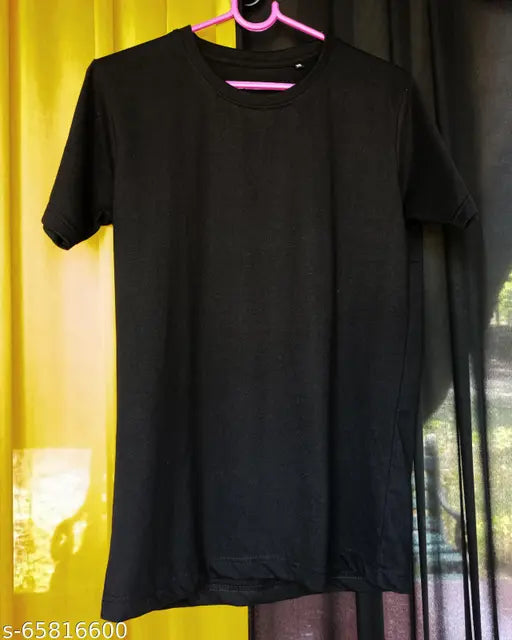 Black cotton short sleeved plain T-shirt for men, solid design, perfect for casual events. US/EU standard size, refer to size chart for best fit. Color may vary due to lighting or screen settings. Made in India