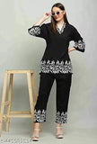 Gorgeous look black viscose rayon coord set with heavy embroidery for women, three-quarter sleeves, palazzos