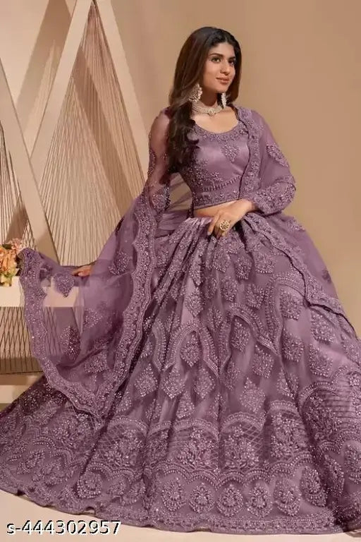 Lavender net lehenga choli and dupatta with embroidered diamonds, semi-stitched (42 waist x 42 length, 70 dupatta length), ready-made Indian bridesmaid wear